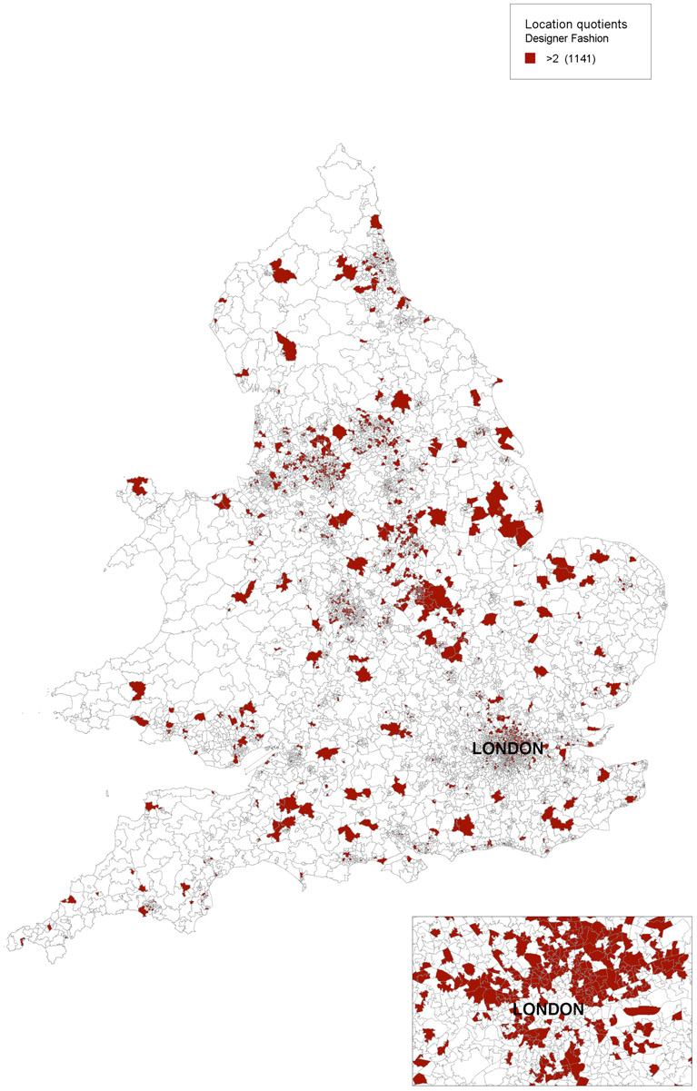 Map of England showing areas with location quotients greater than 2 for Designer Fashion, highlighted in red.