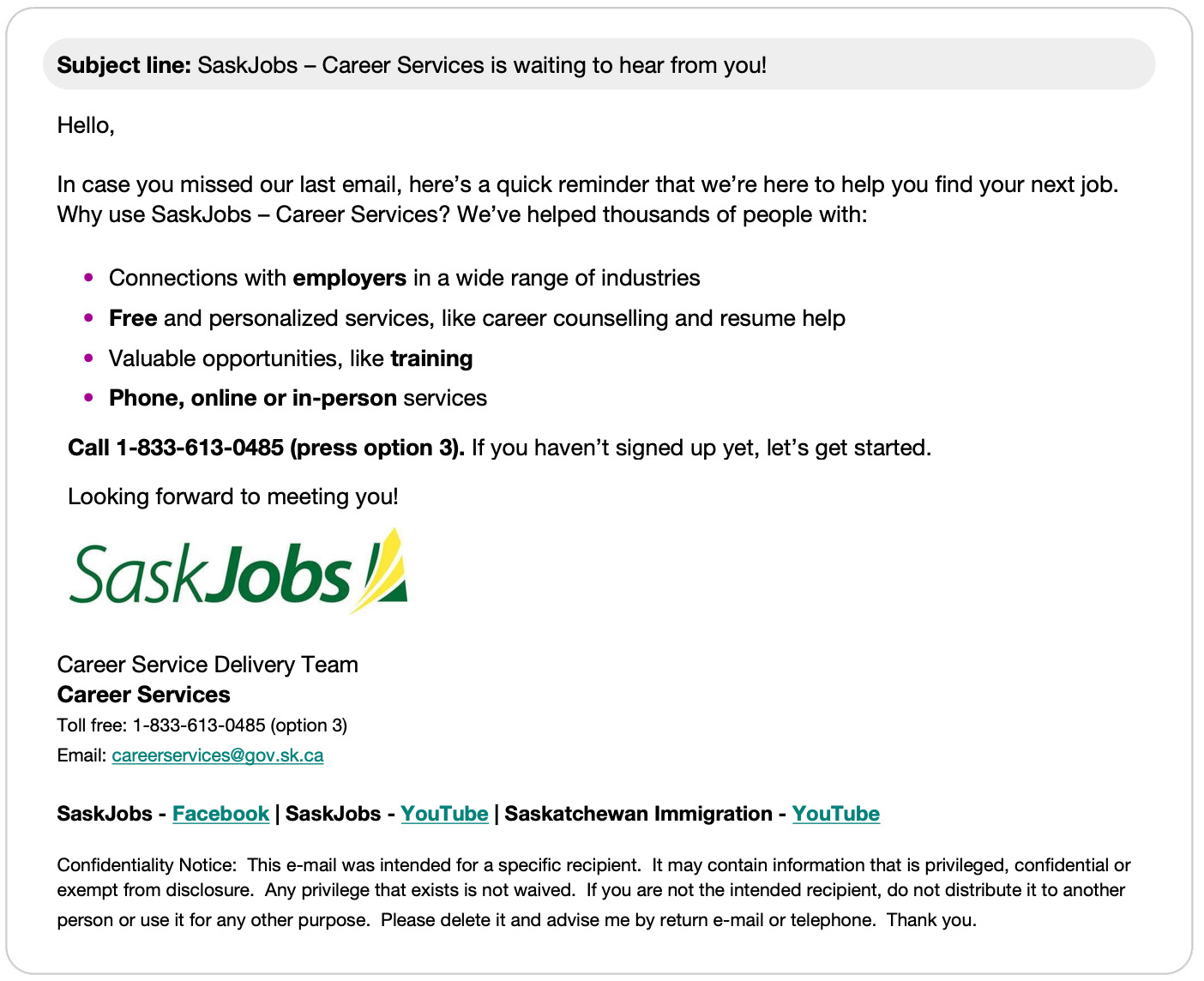 Screenshot of an email from SaskJobs Career Services, providing information about services and contact details, including a logo and social media links.