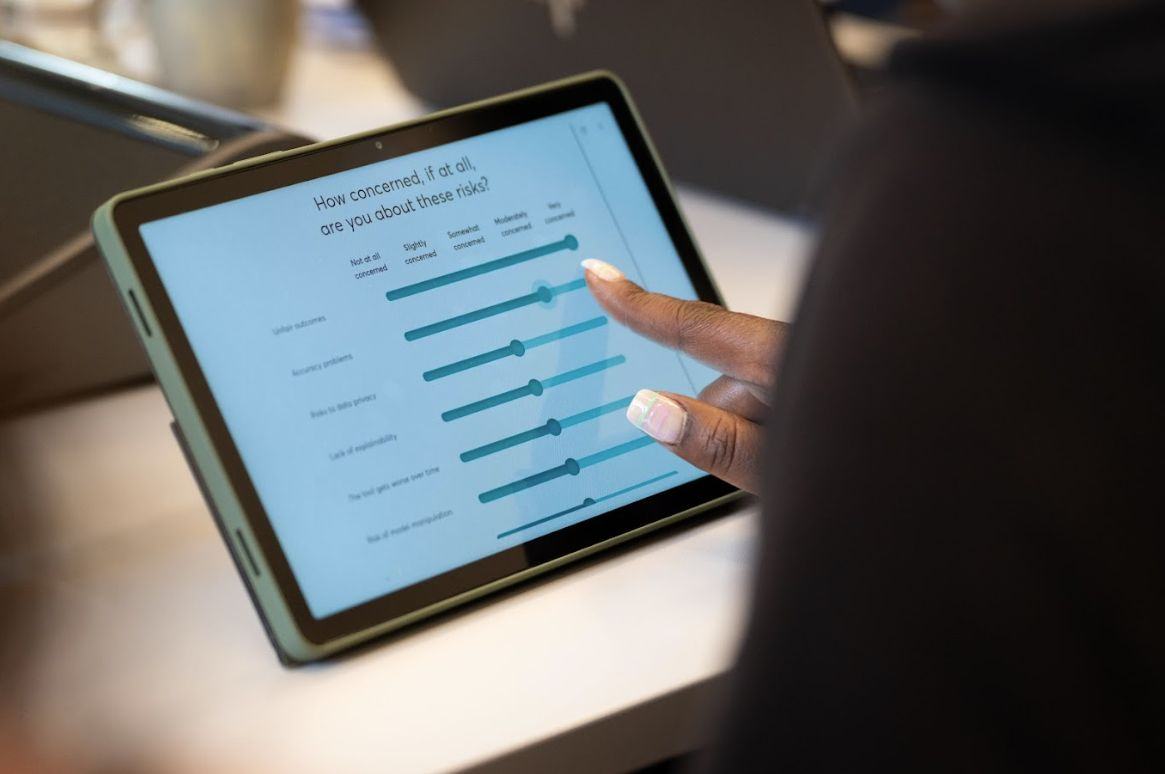 A person's finger sliding on a tablet screen, interacting with a survey on concerns about AI risks like data privacy and accuracy.