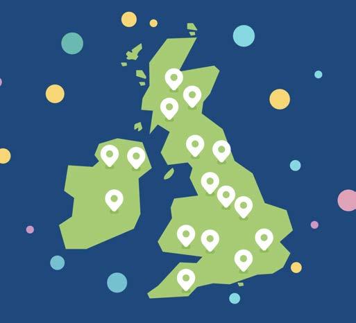Stylized map of the United Kingdom and Ireland marked with numerous location pins, indicating geographical presence.