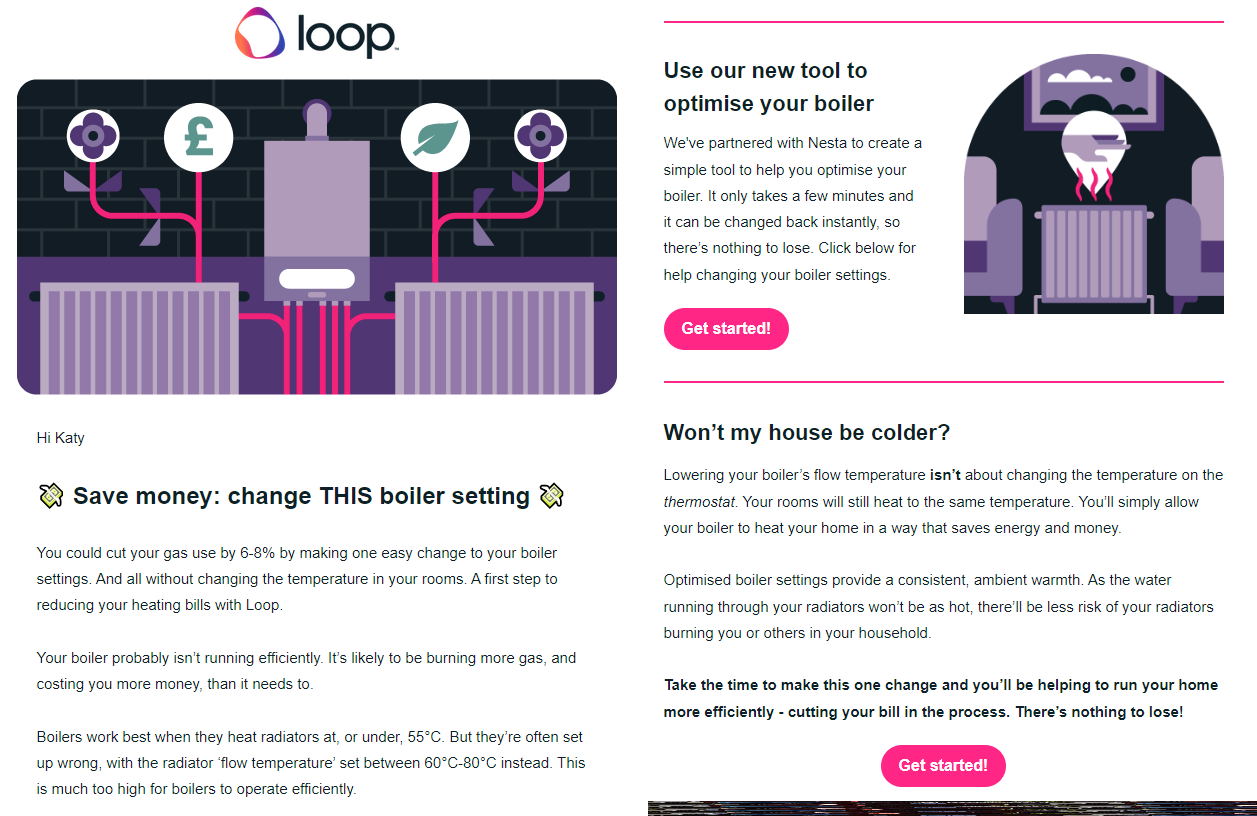 Illustration of a boiler connected to radiators with icons for money and energy savings, representing boiler optimization.