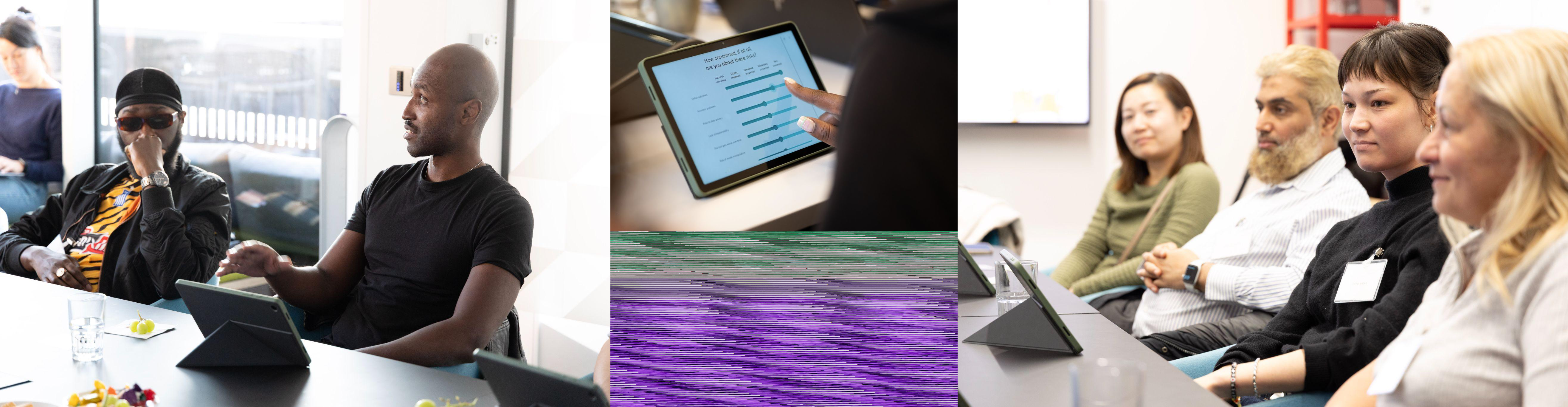 Collage showing people interacting with tablets in a meeting setting, including a close-up of a hand touching a tablet screen displaying a horizontal bar chart of concern levels for various risks, with categories such as "Unclear outcomes". The concern levels range from "Not at all concerned" to "Highly concerned".