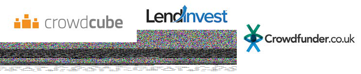 Logos for crowdfunding and lending platforms: Crowdcube, LendInvest, and Crowdfunder.co.uk, with some corrupted image data.