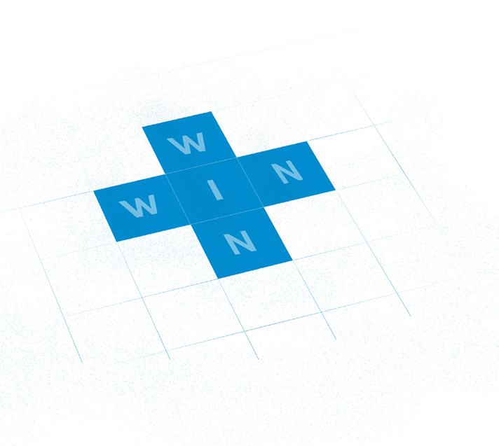 Crossword-like grid showing the word "WIN" intersecting horizontally and vertically in blue squares.