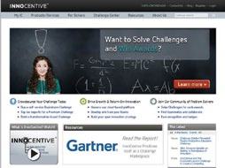 Screenshot of the InnoCentive website homepage, featuring a banner "Want to Solve Challenges and Win Awards?".