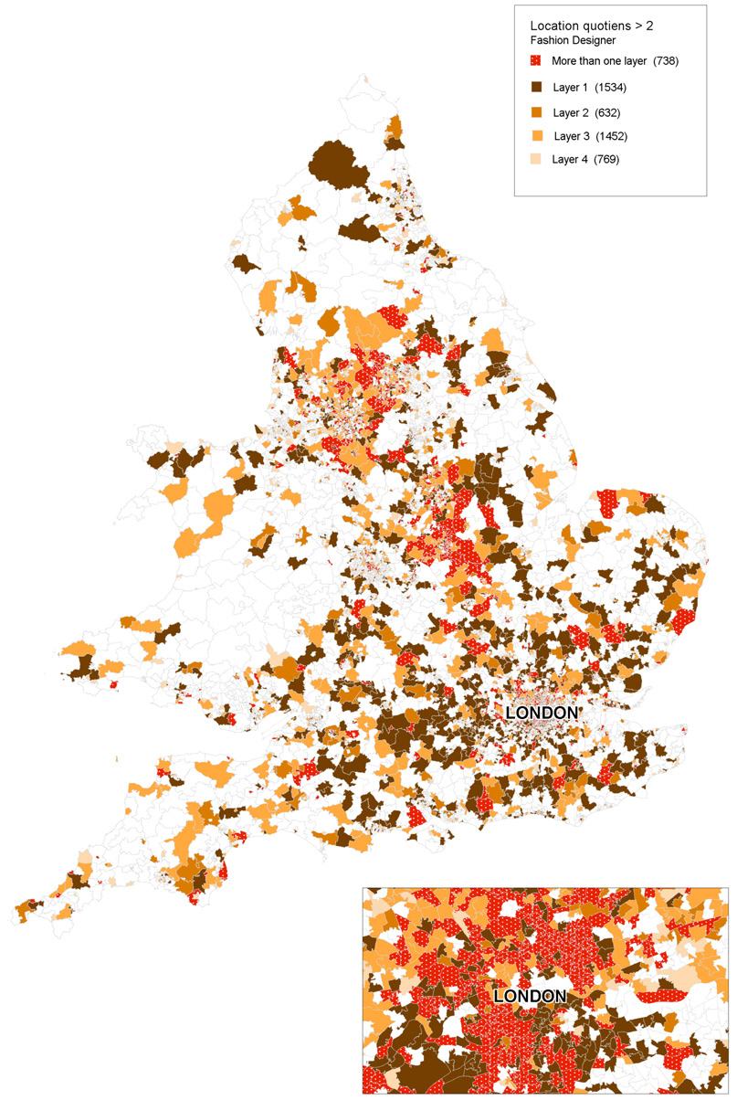 Map of England showing areas with location quotients greater than 2 for Designer Fashion, categorized by layers.