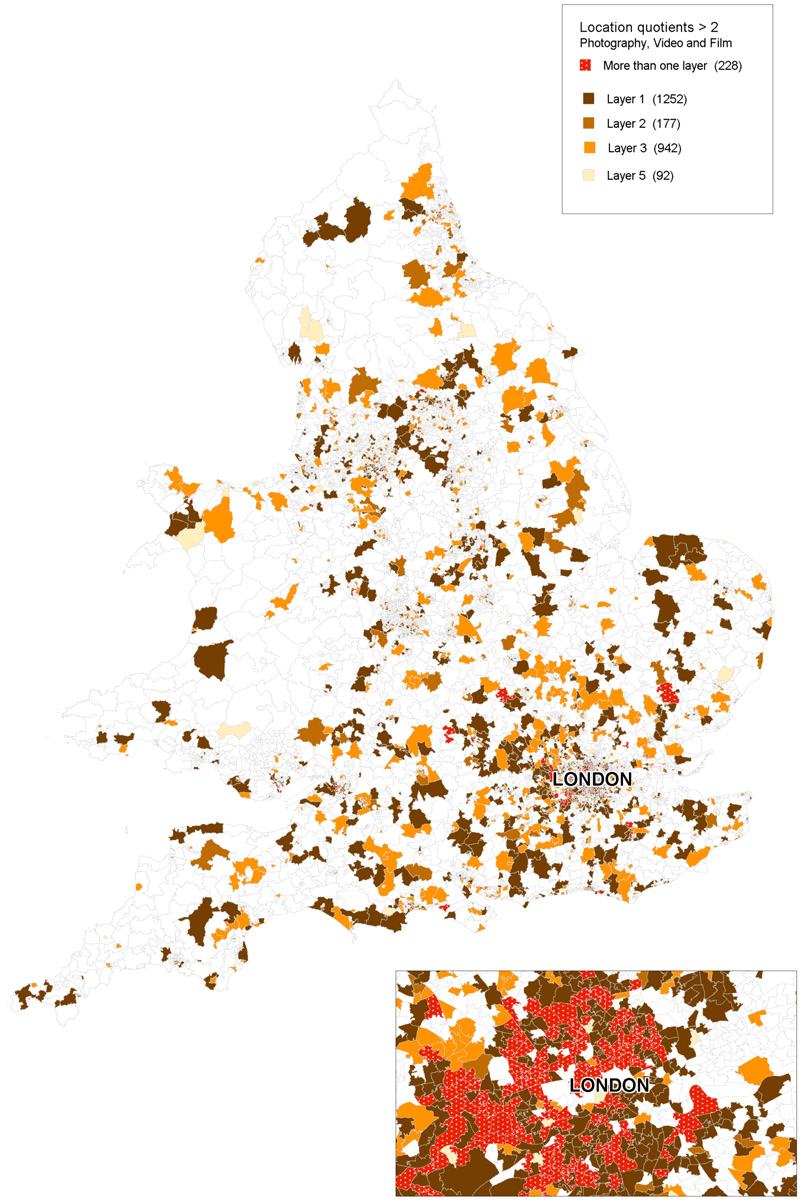 Map of England showing areas with location quotients greater than 2 for Photography, Video, and Film, categorized by layers.
