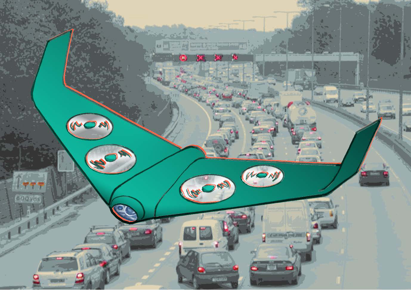 An illustrative image of a drone flying above a busy highway, suggesting its use in traffic monitoring.