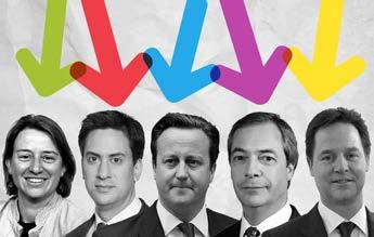 Five political figures with large, colorful downward arrows pointing at them, suggesting declining trends or negative sentiment.