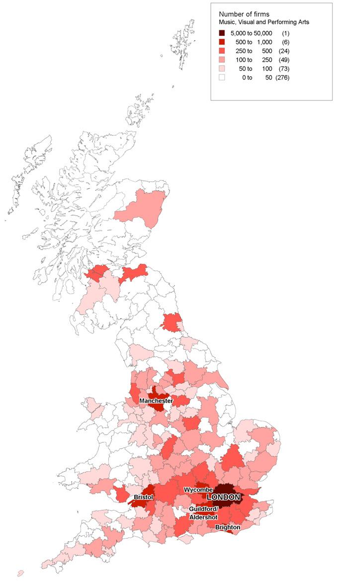 Map of UK showing the number of Music, Visual, and Performing Arts firms per region, categorized by firm count ranges from 0-50 to 5,000-50,000.