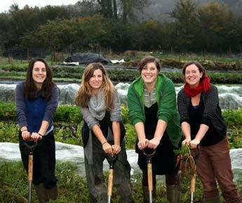 Four women smiling and holding shovels in a cultivated field with crops, possibly an agricultural team or volunteers.