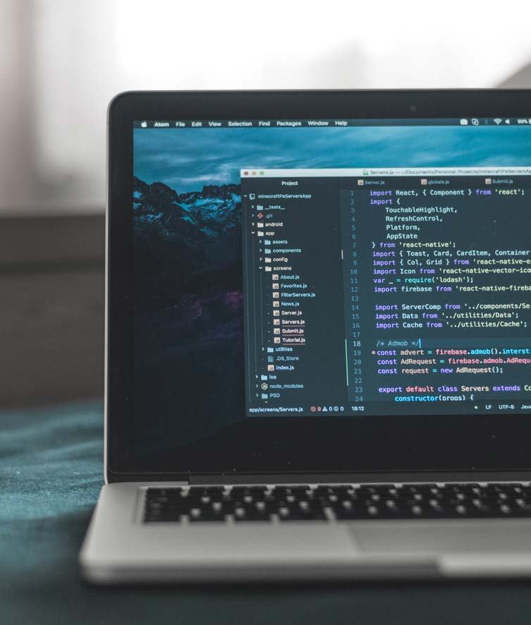 Laptop screen displaying a code editor with a project file directory and JavaScript code for a React Native application.
