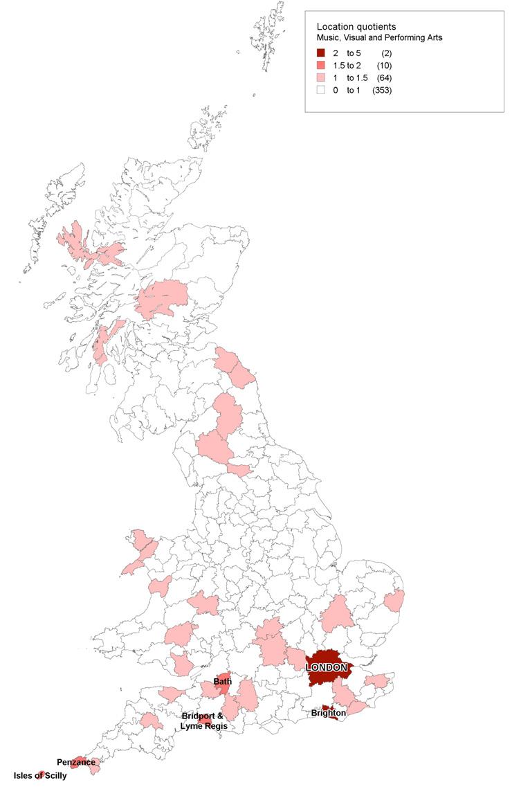 Map of UK showing regions' location quotients for Music, Visual, and Performing Arts, categorized into ranges from 0-1 to 2-5.
