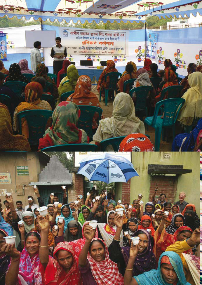 Composite image showing an indoor workshop with women listening to speakers, and an outdoor gathering of smiling people holding up small white cups.