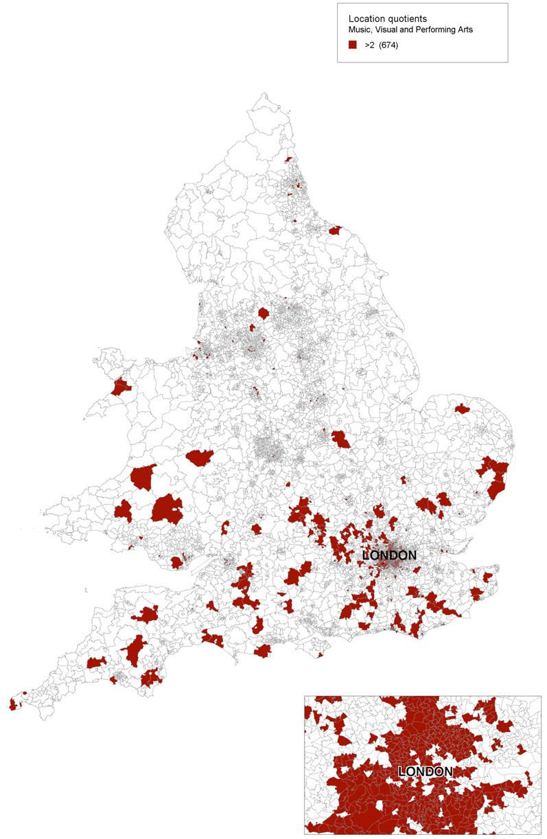 Map of England showing areas with location quotients greater than 2 for Music, Visual and Performing Arts, highlighted in red.