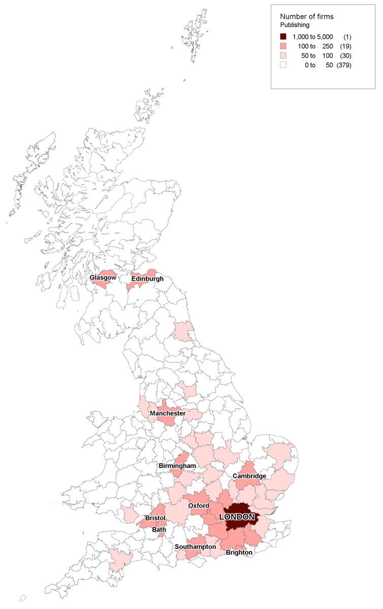 Map of UK showing number of publishing firms by region, with a color legend indicating firm counts. London shows the highest concentration.