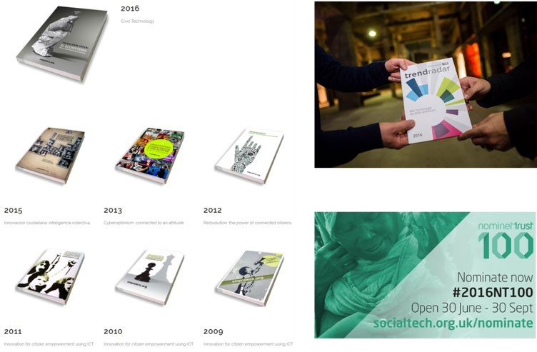 Collage showing a timeline of book covers, a "trendradar" magazine exchange, and a "nominettrust 100" nomination announcement.