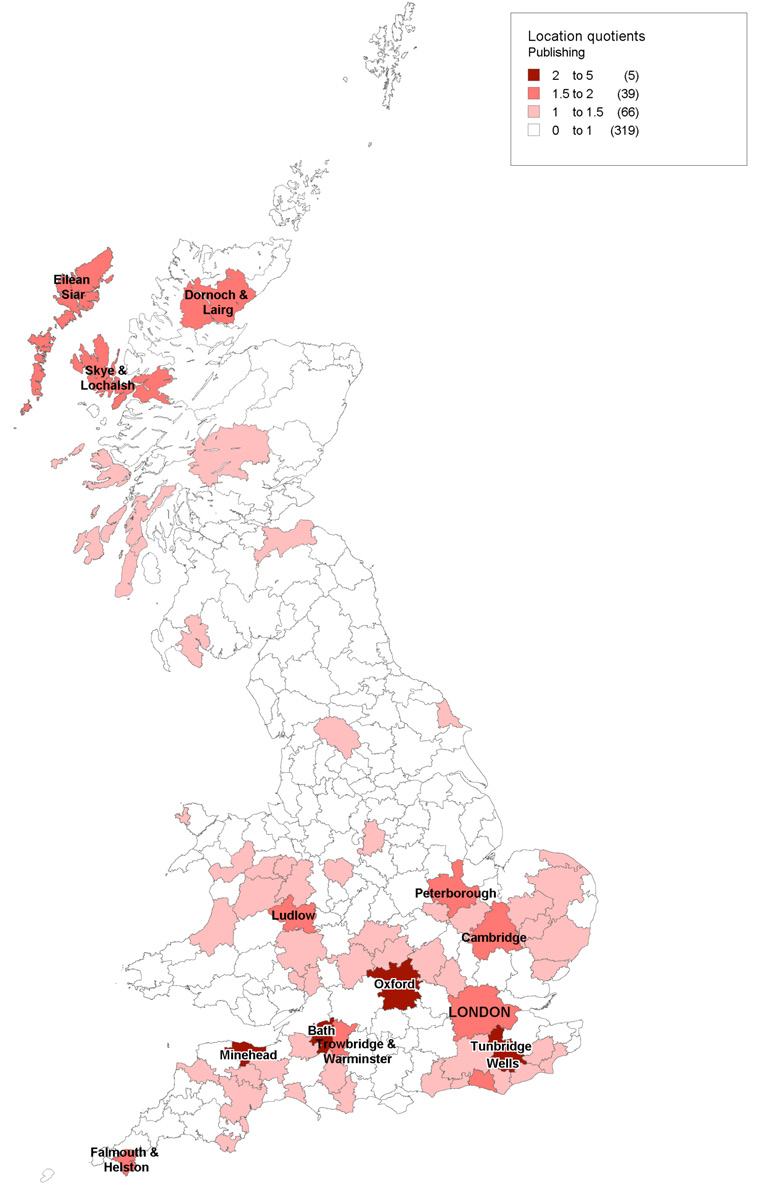 Map of UK showing location quotients for publishing firms by region, with a color legend indicating quotient ranges. London and Oxford have high quotients.