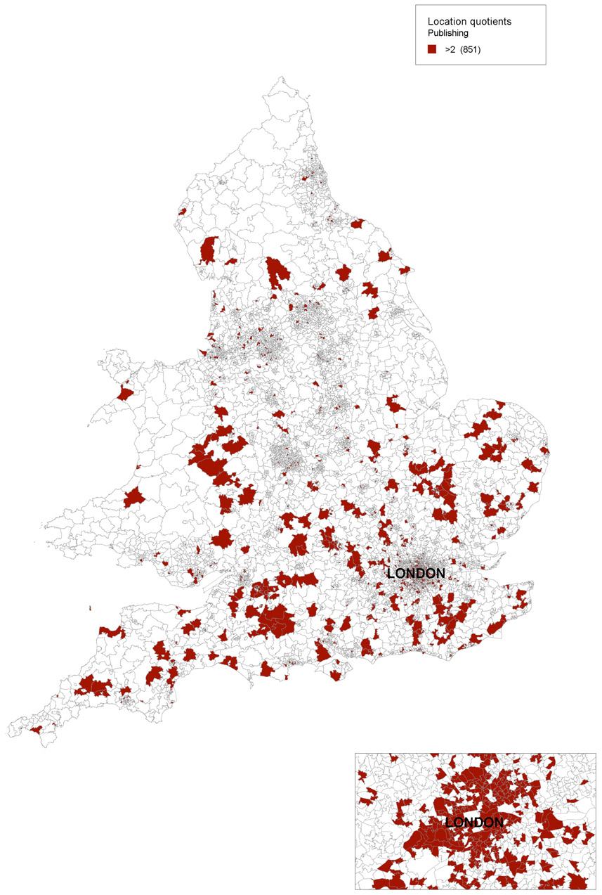 Map of England highlighting regions with location quotients greater than 2 for publishing firms, with a zoomed-in view of London.