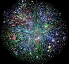 A vibrant, abstract network diagram showing interconnected nodes and lines, representing a complex system or network like the internet.