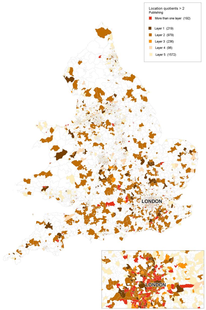 Map of England showing regions with location quotients greater than 2 for publishing, categorized into five layers, with a zoomed-in view of London.