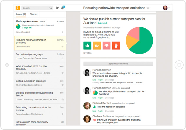 Screenshot of a web application interface showing a discussion with a pie chart visualization of progress and comments.