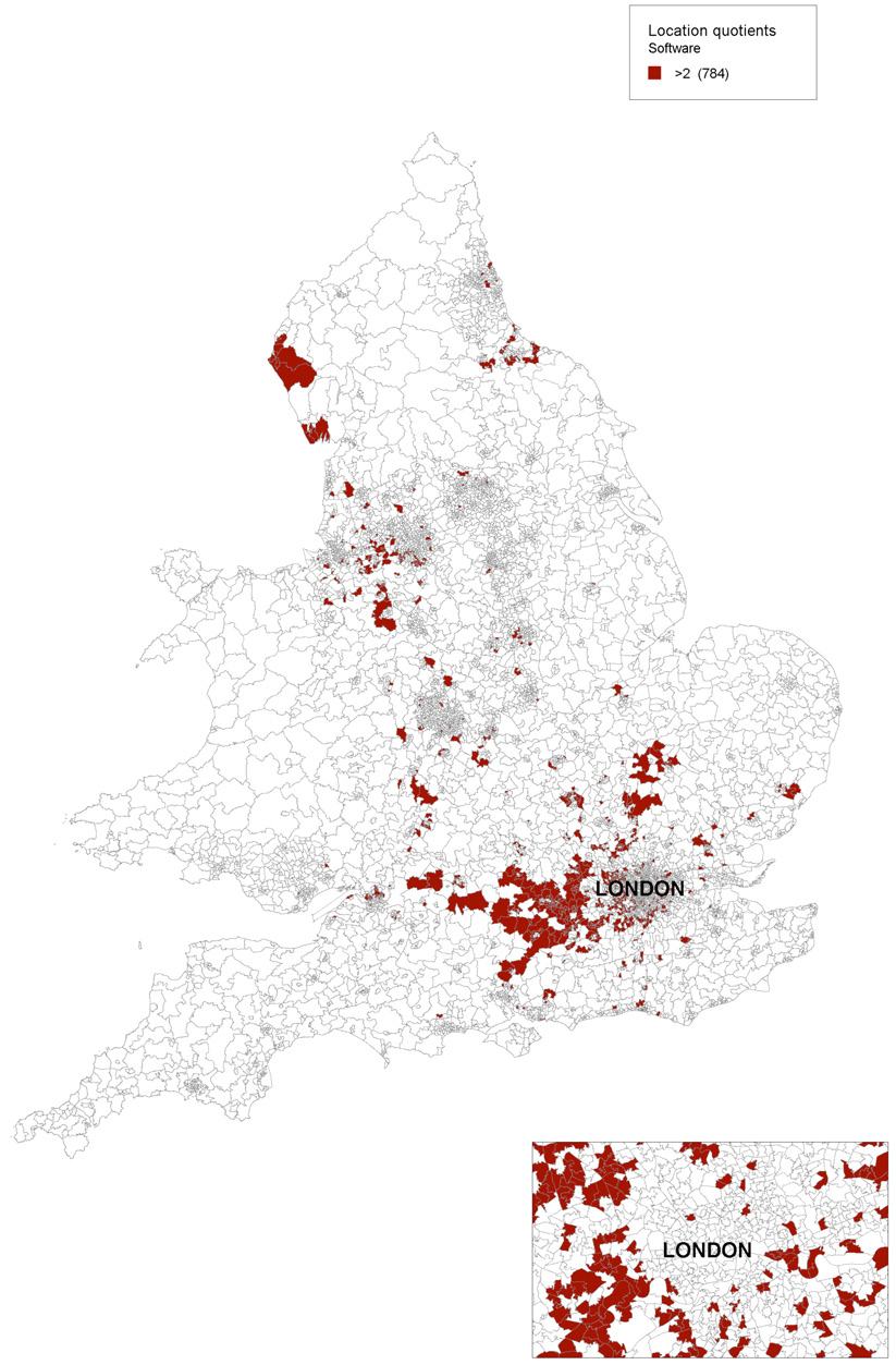 Map of England highlighting regions with location quotients greater than 2 for software firms, with a zoomed-in view of London.