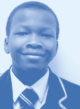 Headshot of a smiling young Black man wearing a school uniform blazer and striped tie, depicted with a blue monochrome filter.