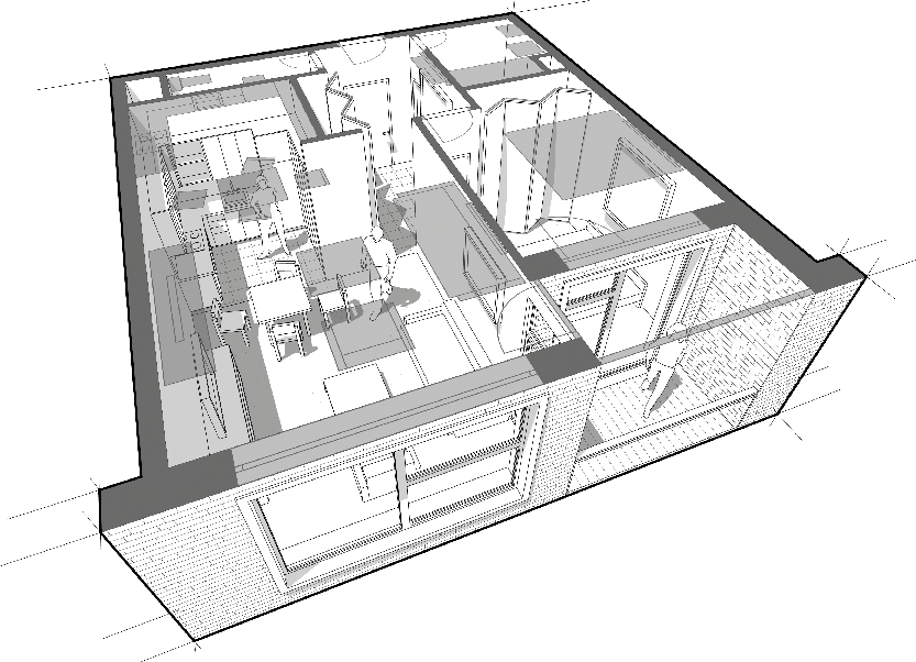 A 3D architectural drawing of a building interior, showing rooms and an overhead view of the layout.