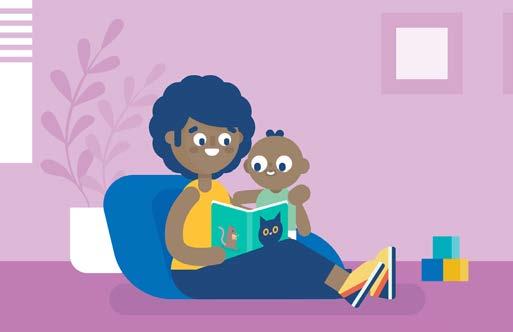Cartoon illustration of an adult reading a book to a baby in a living room, depicting early literacy.