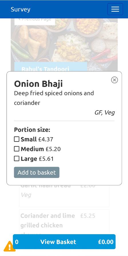 Screenshot of a mobile food ordering interface showing an "Onion Bhaji" pop-up with description, GF/Veg, portion sizes with prices, and an 'Add to basket' button.