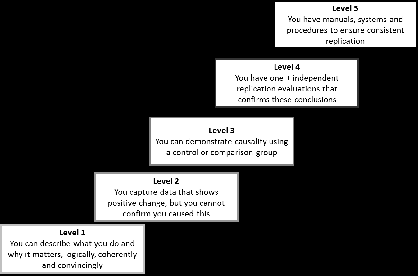 A 5-level maturity model illustrating increasing levels of evidence or capability, from describing actions (Level 1) to ensuring consistent replication through systems and procedures (Level 5).