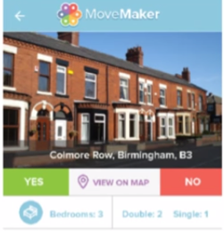 Screenshot of the MoveMaker app interface displaying a property listing: a row of brick houses at Colmore Row, Birmingham, B3, with 3 bedrooms (2 double, 1 single), and interaction buttons.