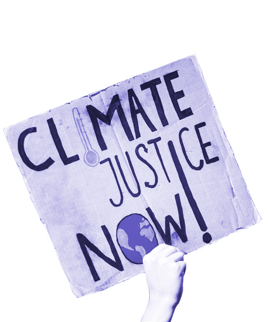 Protest sign held by a hand, reading "CLIMATE JUSTICE NOW!" with a thermometer and Earth icon.