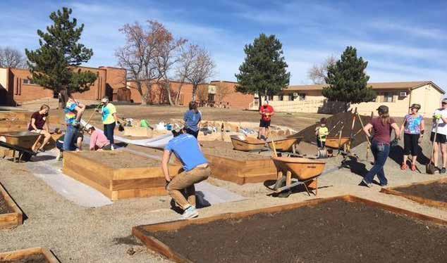 Community members planting in raised garden beds with wheelbarrows in an outdoor space, showing a collaborative project.