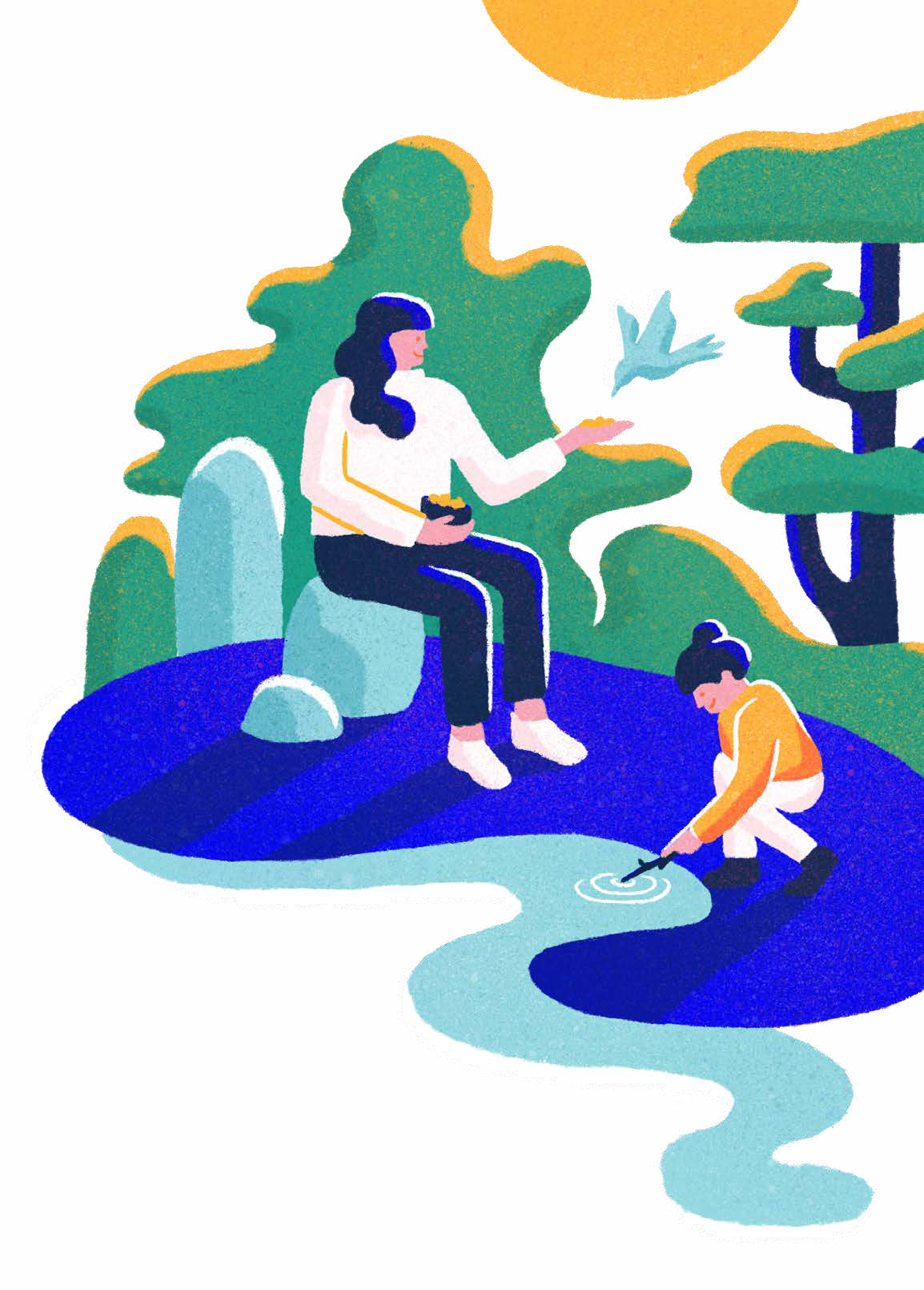 An illustration of a woman sitting and holding a bird, with a child playing in a stream. Trees and a sun are in the background, conveying a sense of nature and interaction.