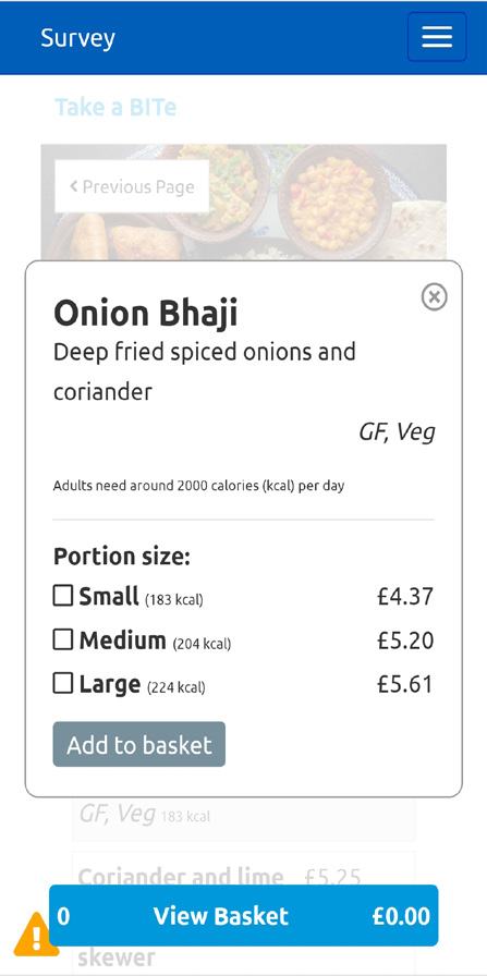 Screenshot of a mobile food ordering interface showing "Onion Bhaji" details including description, GF/Veg, portion sizes with prices and calorie counts, and an 'Add to basket' button.