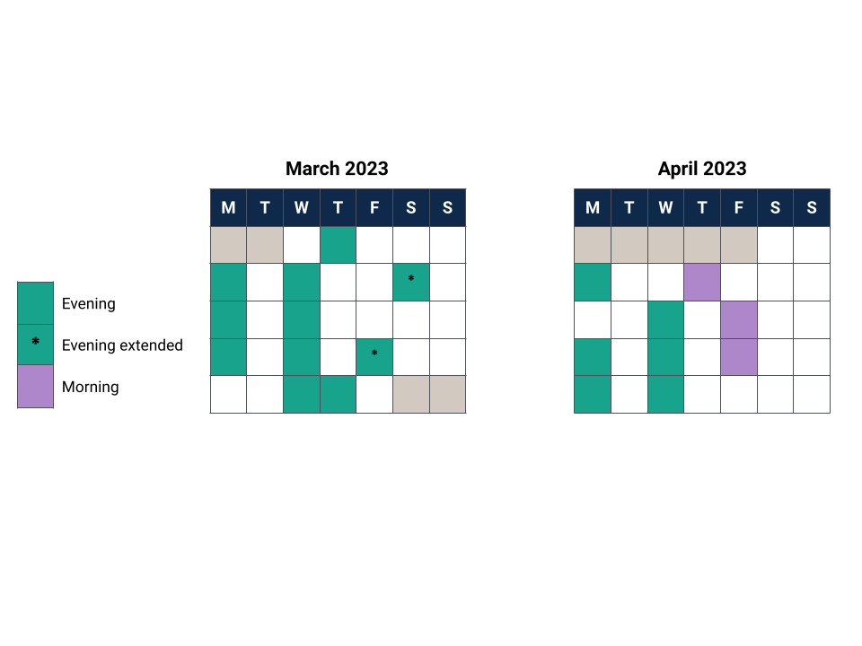 Two calendar grids for March and April 2023, showing scheduled activities: Evening (teal), Evening extended (asterisk), and Morning (purple).