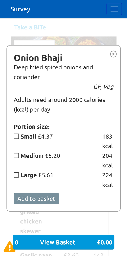 Screenshot of a mobile food ordering interface showing "Onion Bhaji" details with portion sizes, prices, and calorie counts in a columnar layout.