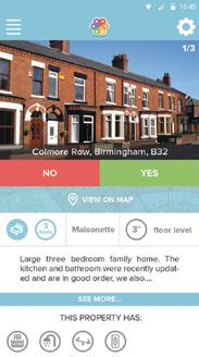 Mobile app screenshot displaying a photo of a row of houses, property details including address and features, with "NO" and "YES" buttons for interaction.