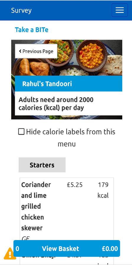 Screenshot of a mobile menu for "Rahul's Tandoori" showing a dish with price and calorie info, and an option to hide calorie labels from the menu.