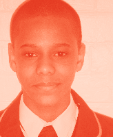 Headshot of a young person wearing a school uniform, filtered with an orange hue.