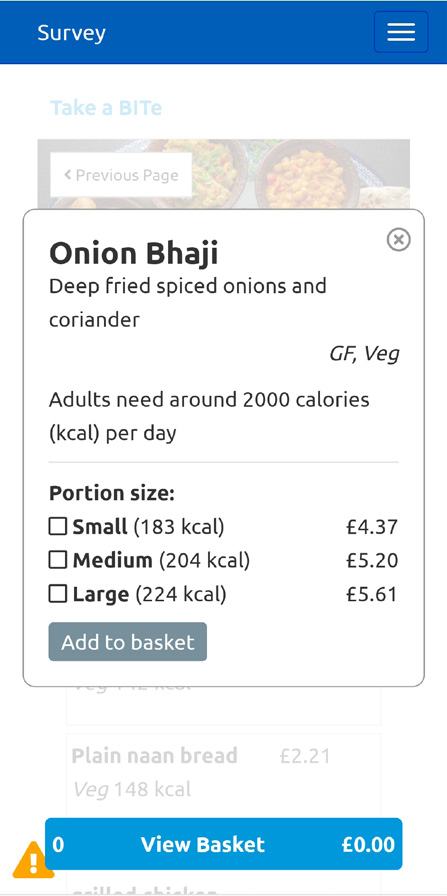 Screenshot of a mobile food ordering interface showing "Onion Bhaji" details including description, GF/Veg, portion sizes with prices and calorie counts, and an 'Add to basket' button.