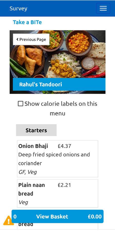 Screenshot of a mobile menu for "Rahul's Tandoori" showing "Onion Bhaji" and "Plain naan bread" with prices and calorie counts, and a toggle for calorie labels.