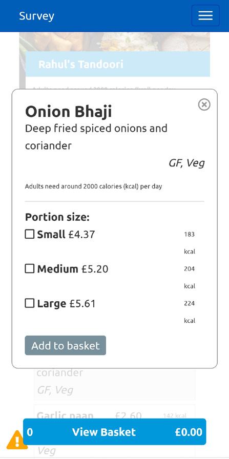 Screenshot of a food ordering app showing details for Onion Bhaji, including price, calorie counts for different portion sizes, and an "Add to basket" button.