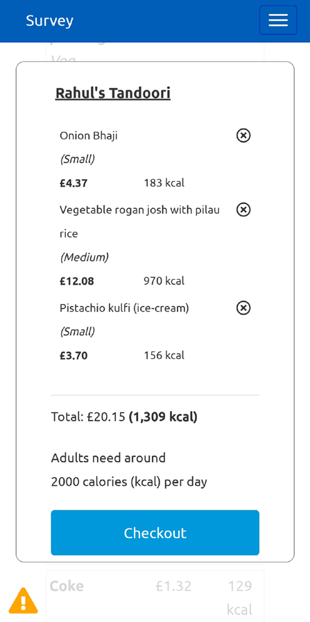 Screenshot of a food ordering app showing a basket summary with three items, their prices, calorie counts, total cost, and a "Checkout" button.
