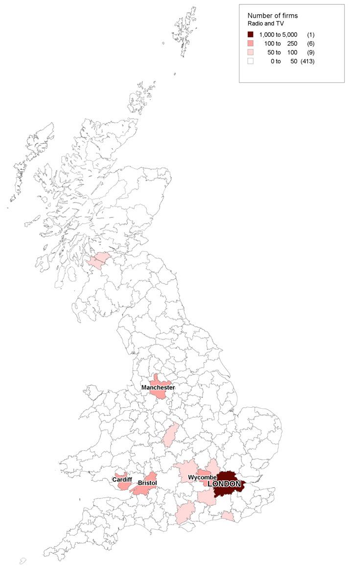 Map of UK showing number of Radio and TV firms by region, with a color legend indicating firm counts. London has the highest concentration.