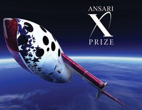 SpaceShipOne spacecraft in orbit above Earth, with the 'ANSARI X PRIZE' logo overlayed.