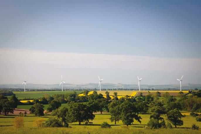Panoramic landscape view with green and yellow fields, scattered trees, and several white wind turbines on the distant horizon.
