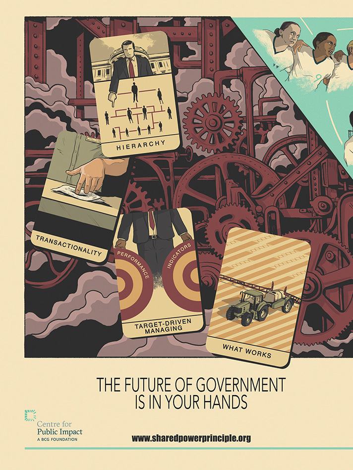 Infographic poster titled "The Future of Government Is In Your Hands" showing cards representing concepts like hierarchy, transactionality, and target-driven managing, set against a backdrop of gears.